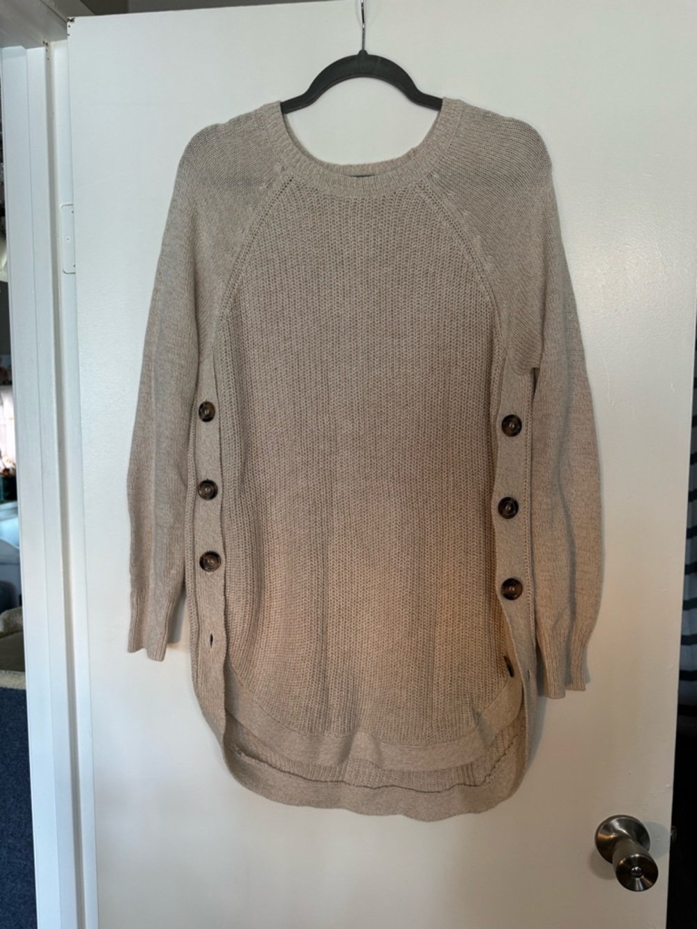 RD Style Beige Crewneck Button-Side Knit Tunic